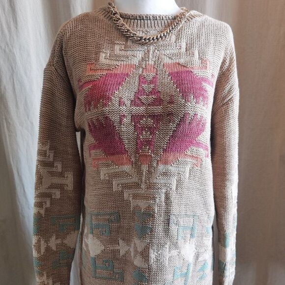 Ralf Lauren Navajo Print Sweater Tan Pastels Cotton Linen Side Slit - Picture 1 of 8